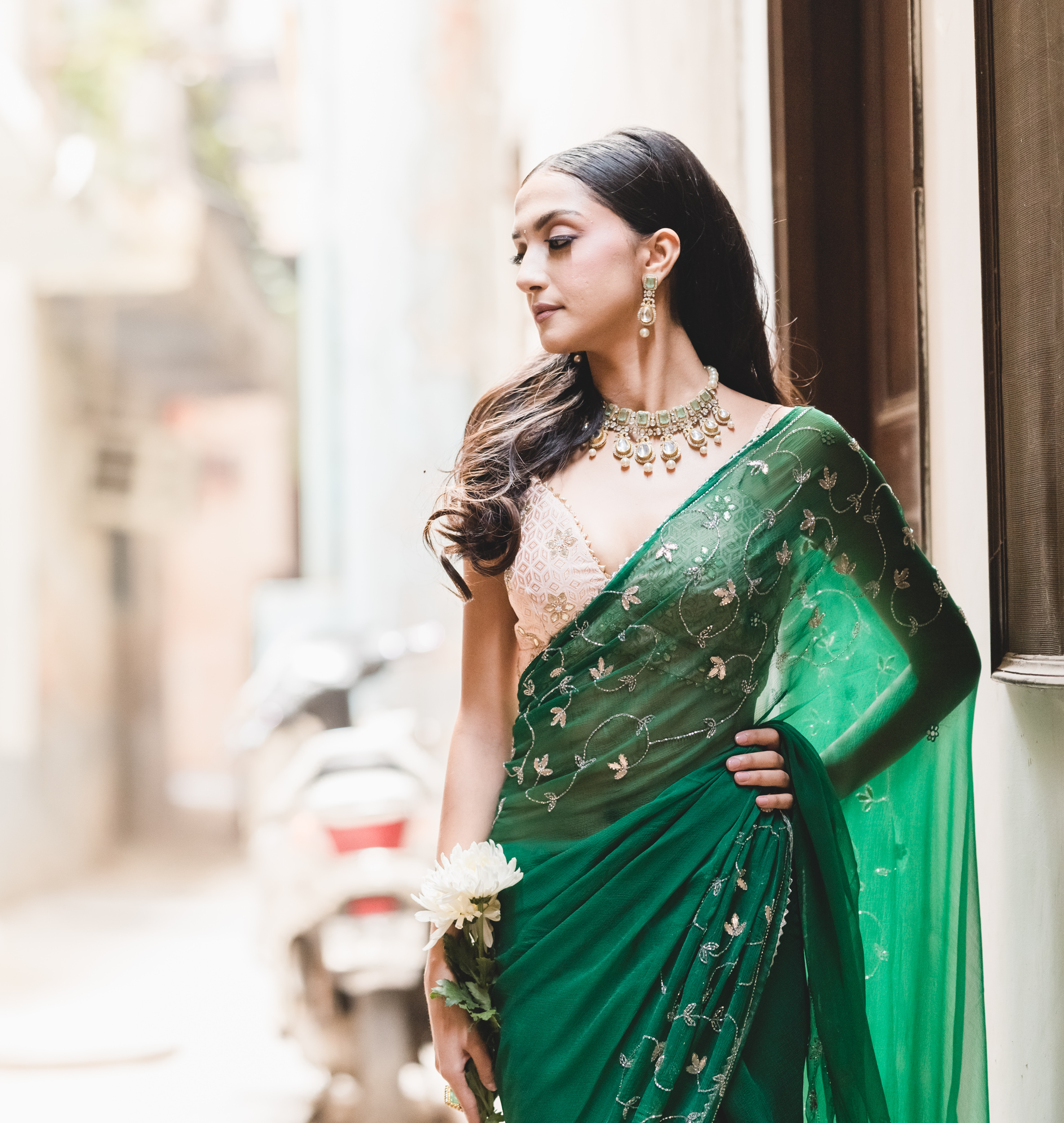Georgette Stone,embroidered Dark green Saree with Blouse - SR22118-sgquangbinhtourist.com.vn